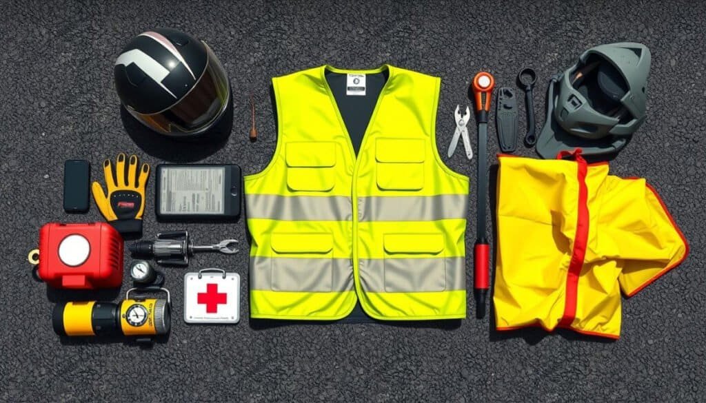 A detailed flat lay of motorcycle essentials for rider safety, featuring a high-visibility reflective vest, a sturdy helmet, protective gloves, first aid kit, tire repair tools, portable air compressor, multi-tool, and a rain poncho, all arranged neatly on a textured asphalt background.