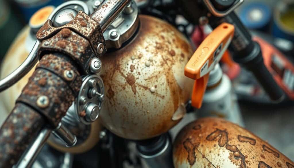 A close-up view of a motorcycle with stubborn dirt and stains, showcasing detailed surfaces such as the chrome handlebars, painted body, and tires. The scene includes cleaning tools like brushes and spray bottles, with water droplets highlighting the effort of detailing. The background is softly blurred to emphasize the motorcycle's textures and imperfections.