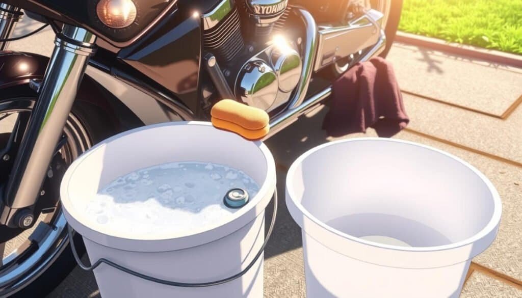 A detailed scene of the two-bucket washing method for motorcycles, featuring a shiny motorcycle positioned in a driveway. One bucket filled with soapy water, visibly foamy, and another bucket with clean water nearby. A soft sponge sitting on the edge of the soapy bucket, and a microfiber towel draped over the motorcycle seat. Sunlight casting reflections on the motorcycle's chrome parts, surrounded by an outdoor setting with greenery in the background.