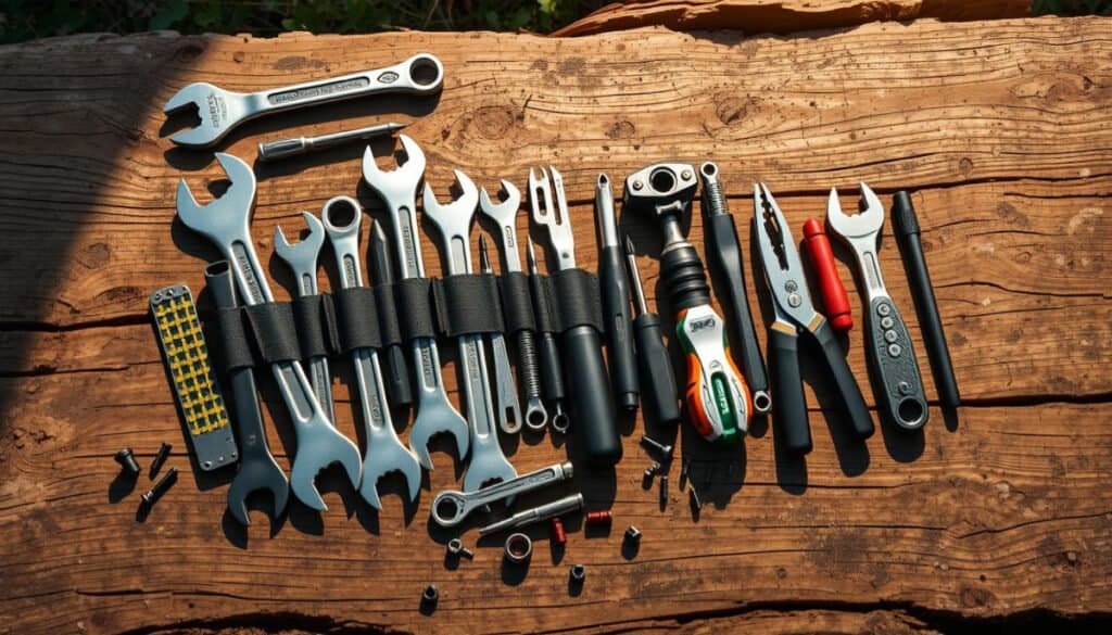 A neatly organized motorcycle tool kit displayed on a rugged wooden surface, featuring an assortment of wrenches, screwdrivers, tire levers, and multi-tools, surrounded by a few scattered motorcycle parts like bolts and nuts, all under soft natural lighting that highlights the metallic textures and colors.