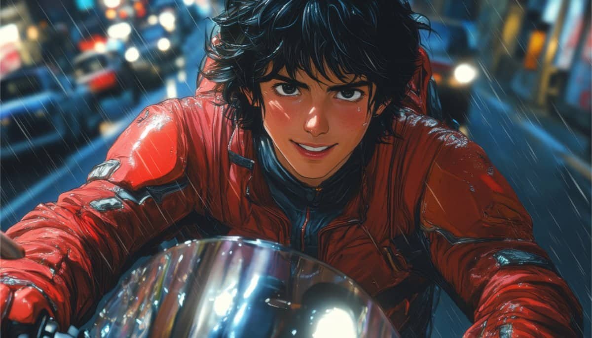 Close-up of a young anime guy riding a motorcycle on a city street in the rain.