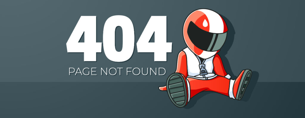 Motorcyclist cartoon guy sitting on the floor. 404 page not found
