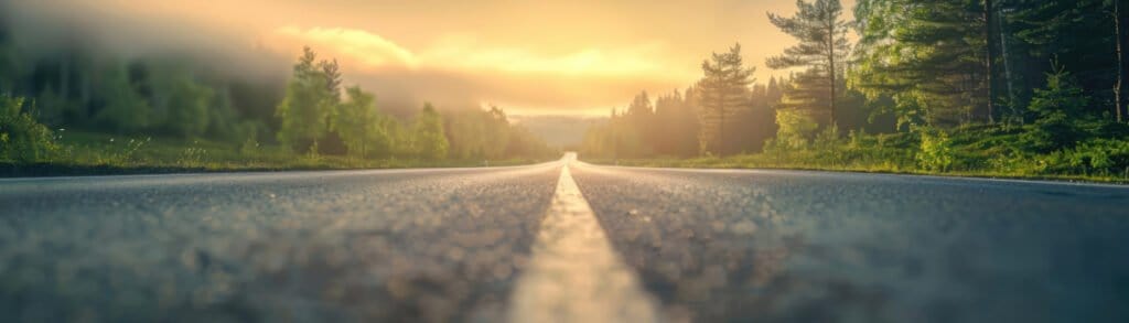 Scenic road view at sunrise with sun rays illuminating the misty forest