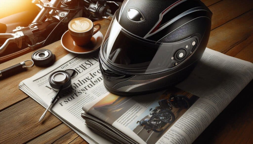 Motorcycle helmet resting on newspaper, with cup of coffee.