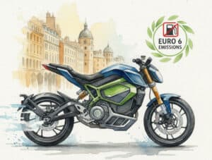 Electric Motorcycle and Euro 6 logo in watercolor style.