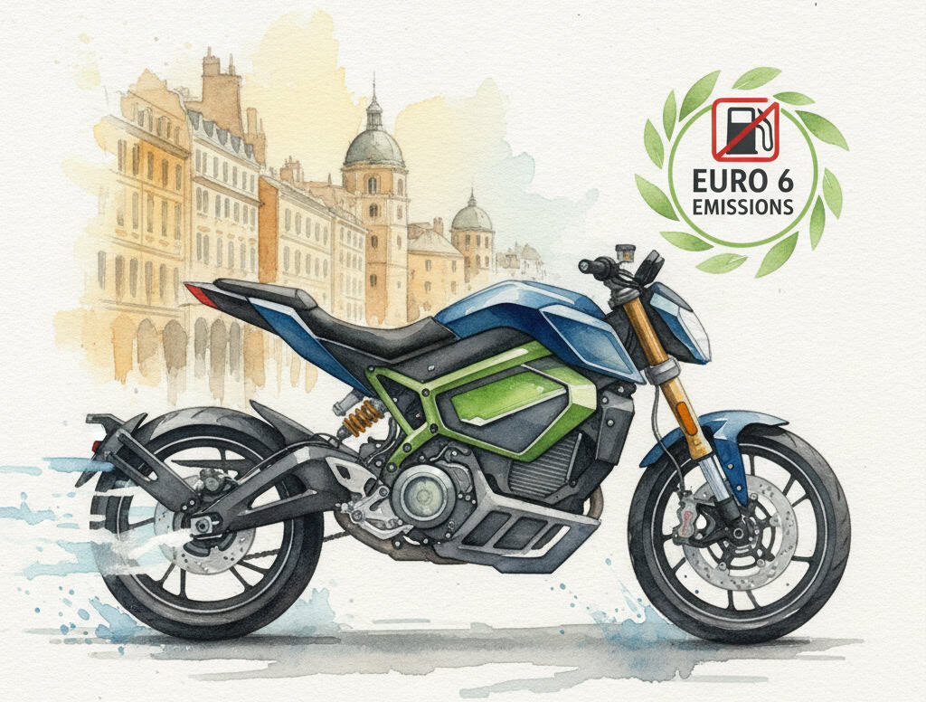 Electric Motorcycle and Euro 6 logo in watercolor style.