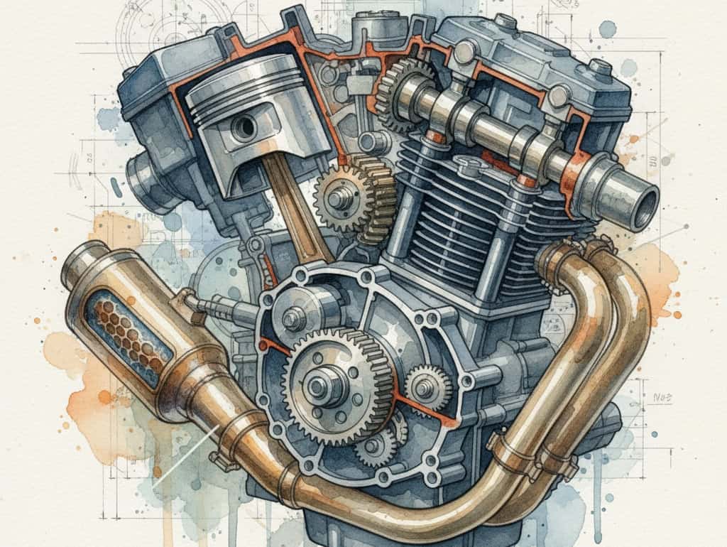 Watercolor of cross-section of a motorcycle engine with VVT and catalytic converter for Euro 5 regulations.