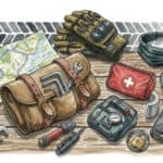 Watercolor of assortment of motorcycle items to take with you