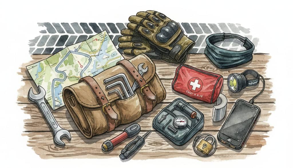Watercolor of assortment of motorcycle items to take with you