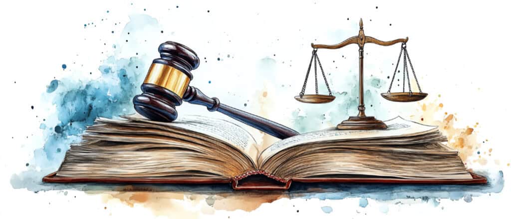 Watercolor art of a gavel resting on an open law book with the scales of justice