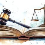 Watercolor art of a gavel resting on an open law book with the scales of justice