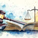 Watercolor illustration with a gavel, scales of justice, and an open book