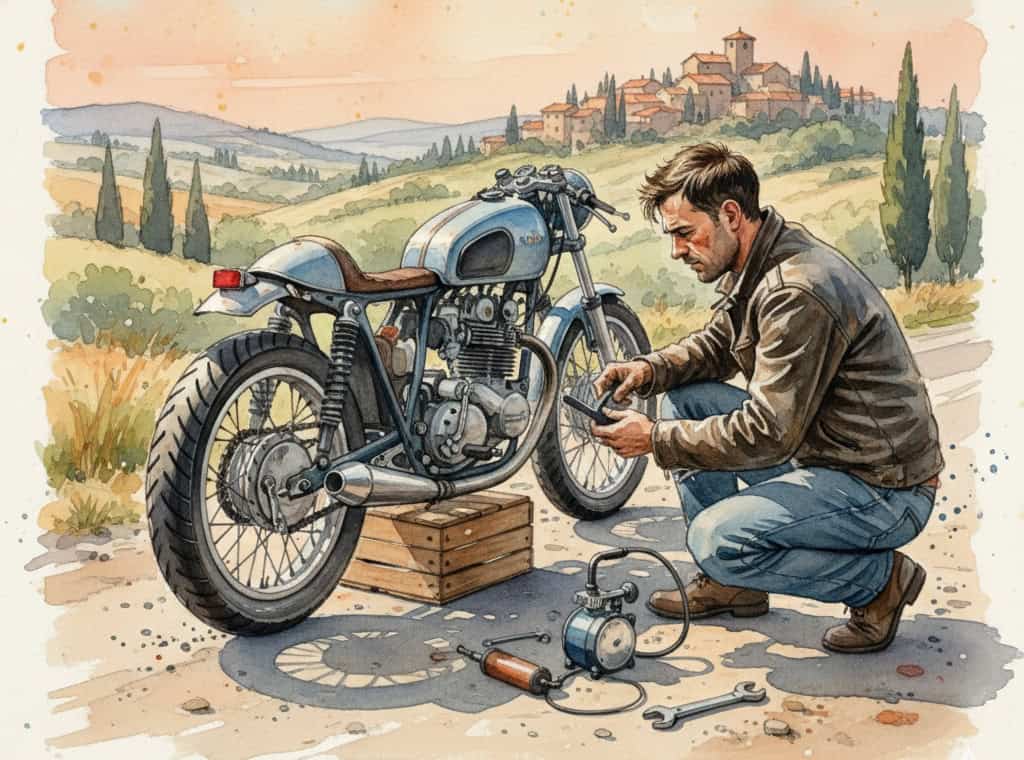 Watercolor of a guy fixing a motorcycle puncture by roadside
