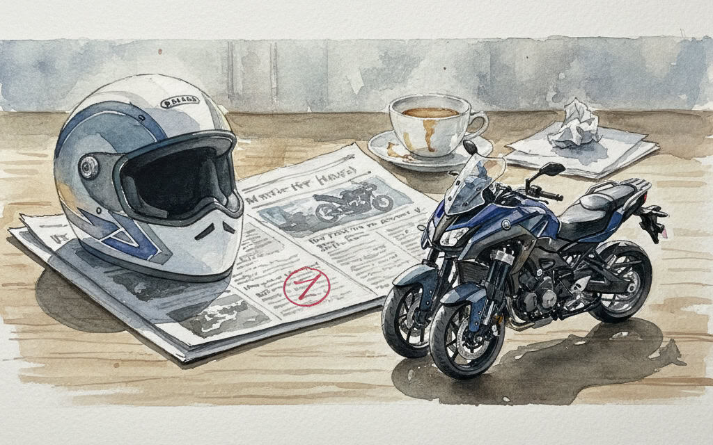 Watercolor of a motorcycle helmet on a desk next to a newspaper and a scale model Yamaha Niken GT.