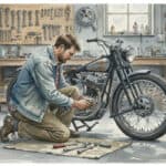 Watercolor of a guy kneeling with tools next to a motorcycle