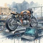 Watercolor of cafe racer motorbike on dynamometer