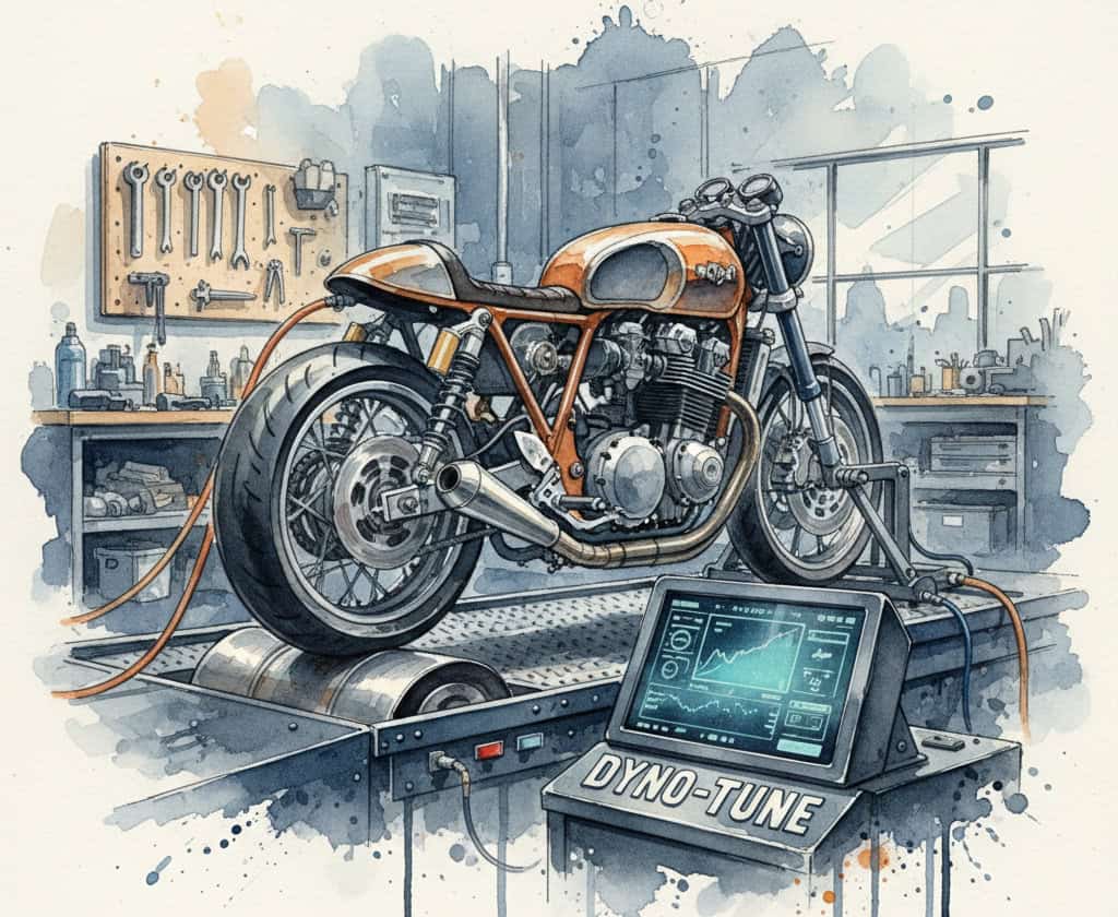 Watercolor of cafe racer motorbike on dynamometer