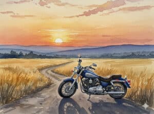 Watercolor of cruiser motorbike parked near field with sunset