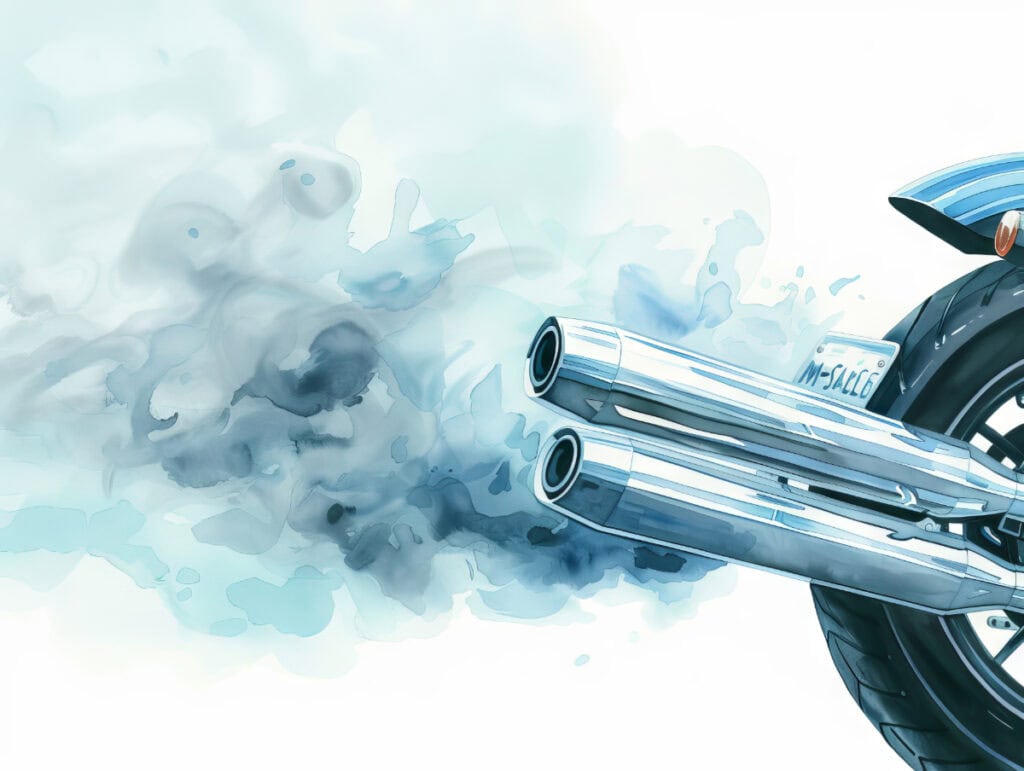 Close-up of a motorcycle exhaust pipe emitting smoke - in watercolor