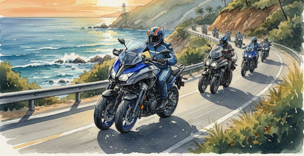 Watercolor of riders riding the Yamaha Niken GT and other motorcycles