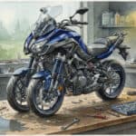 Watercolor of Yamaha Niken GT on a workbench for maintenance