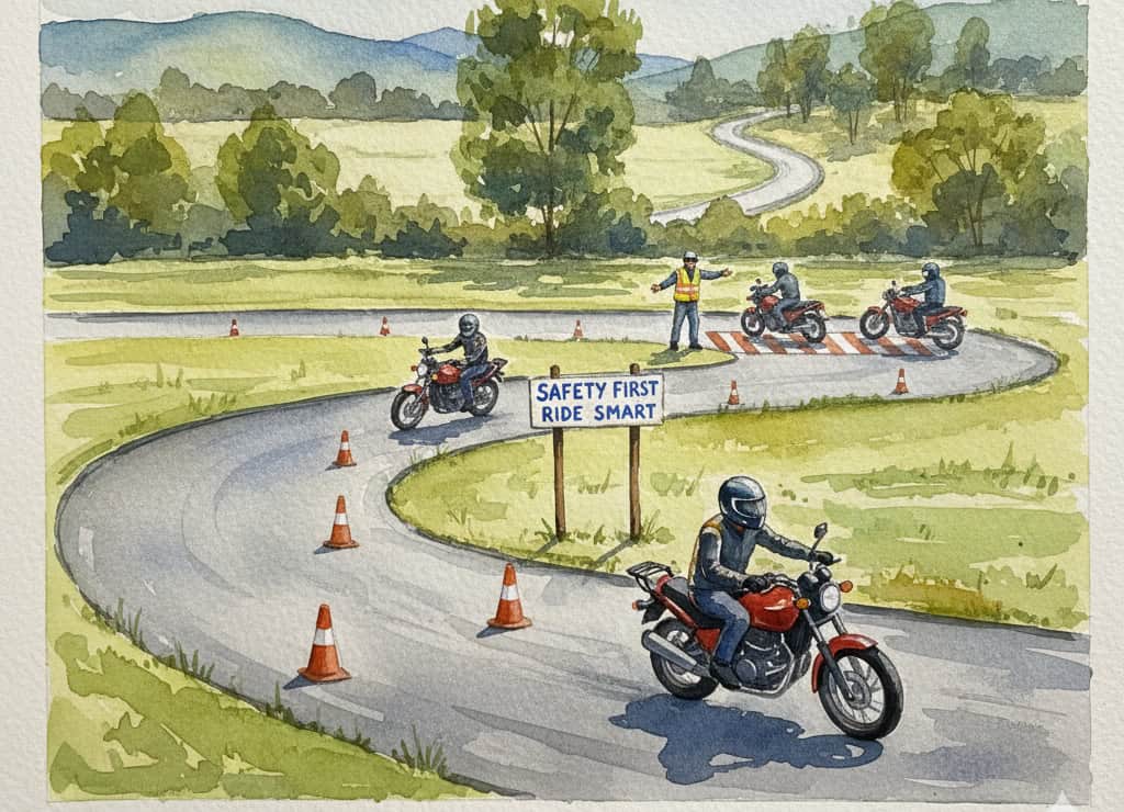Watercolor of motorcyclists riding on a training course with cones.
