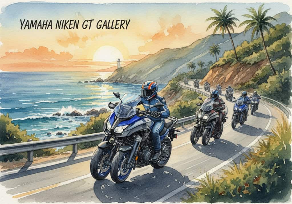 Watercolor of riders riding Niken GTs with Niken GT Gallery wording