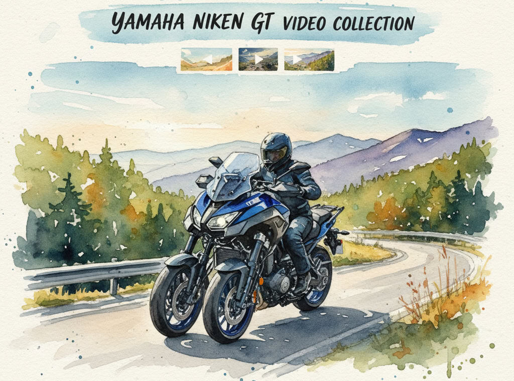 Watercolor of man riding Yamaha Niken GT with title: Yamaha Niken GT Video Collection